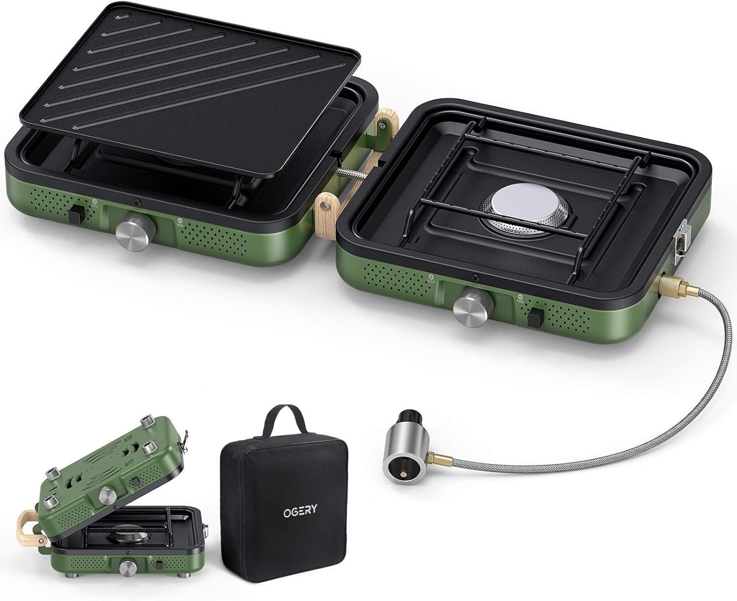 2-Burner Foldable Camping Stove with Griddle (Textured & Smooth) and Carrying Bag, Portable Propane Camp Stove with 2 Adjustable Burners & Piezo Ignition, for Camping Tailgating Essentials Gear