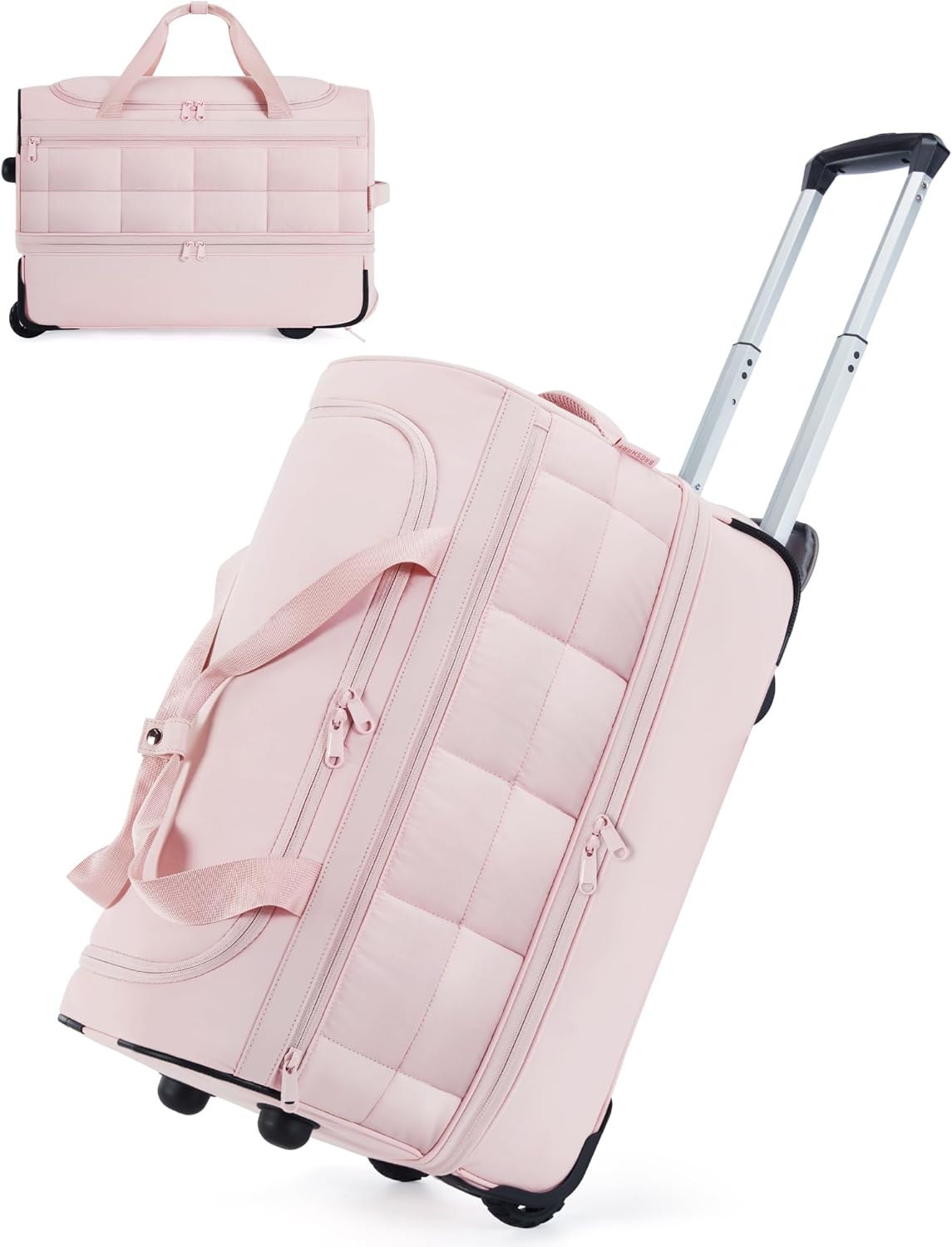 40L Rolling Duffle Bag with Wheels and Handle, TSA Underseat Carry On Bags for Travel with Shoe Compartment, Pink