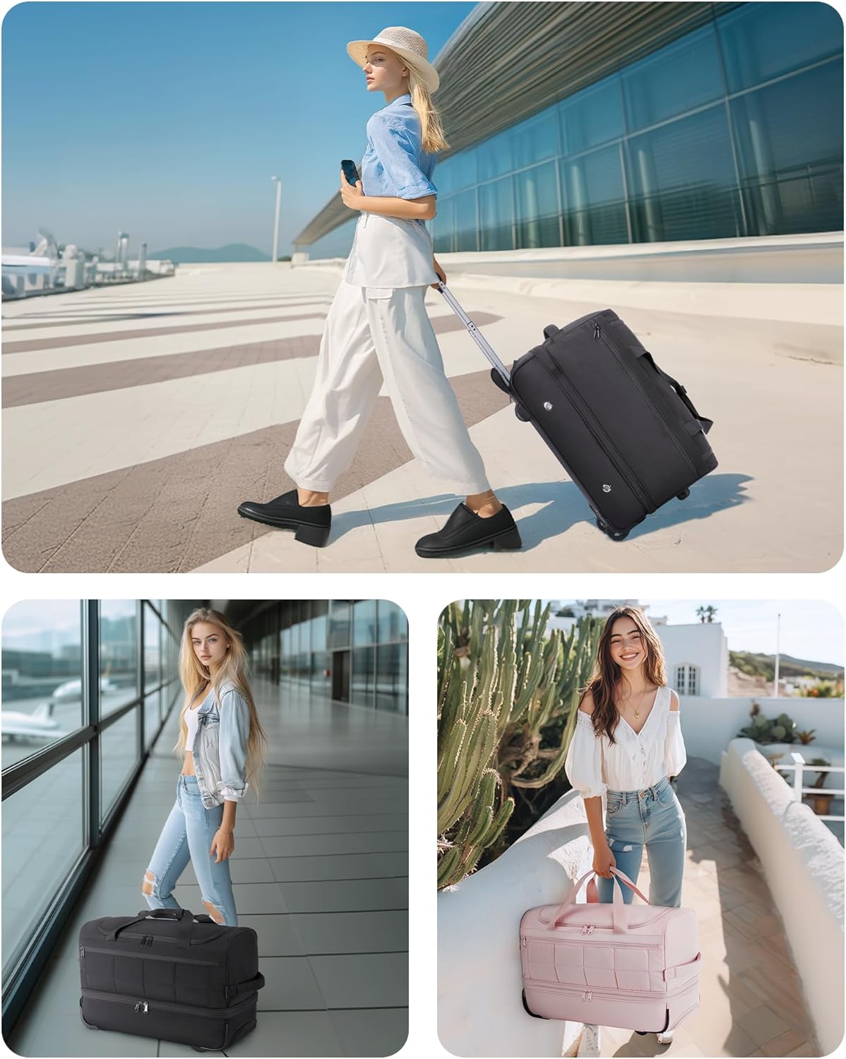 40L Rolling Duffle Bag with Wheels and Handle, TSA Underseat Carry On Bags for Travel with Shoe Compartment, Pink - Image 2