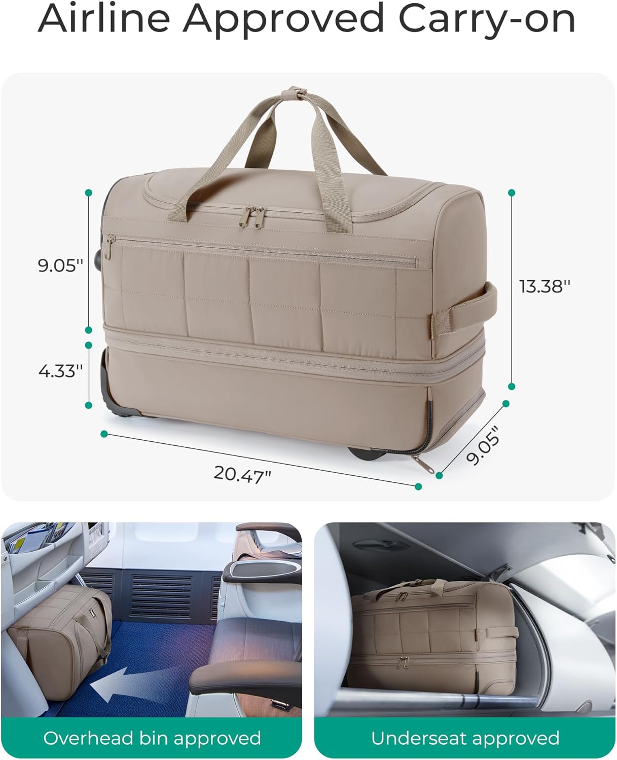 40L Rolling Duffle Bag with Wheels and Handle, TSA Underseat Carry On Bags for Travel with Shoe Compartment, Pink - Image 3